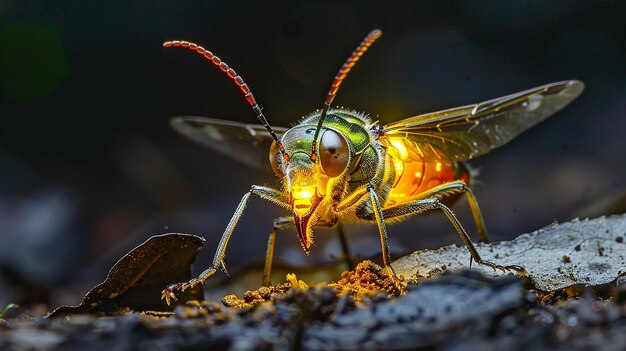 Photo male firefly glowing in the dark forest