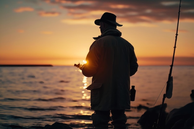 Male fisherman holds fishing rod silhouette of man on pier by the sea against sunset AI Generation