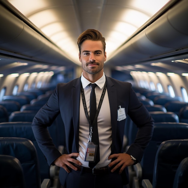 Male Flight Attendant Posing in Uniform Medium Shot