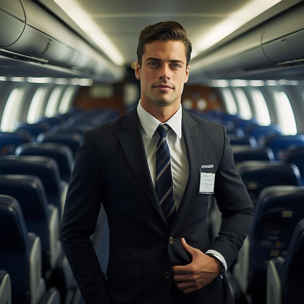 Male Flight Attendant Posing in Uniform Medium Shot