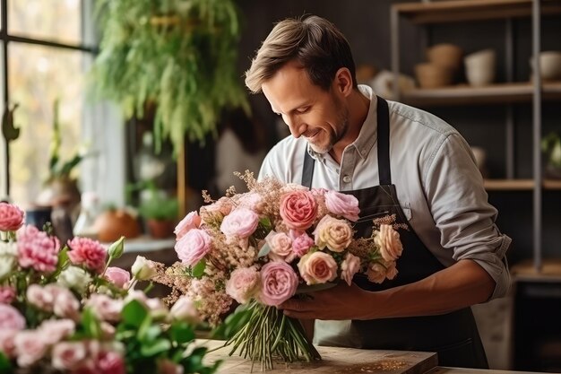 Photo male florist in flower shop floral design studio man making bouquet creating flower order small floral business generative ai illustration