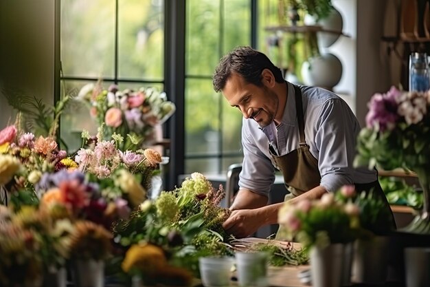 Photo male florist in flower shop floral design studio man making bouquet generative ai illustration