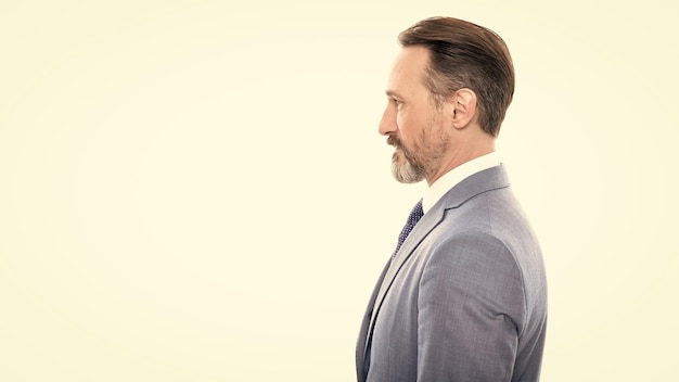 Male formal fashion bearded ceo confident boss with graying hair copy space