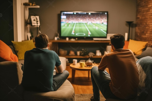 male friends sitting on couch in living room and talking with each other while watching TV