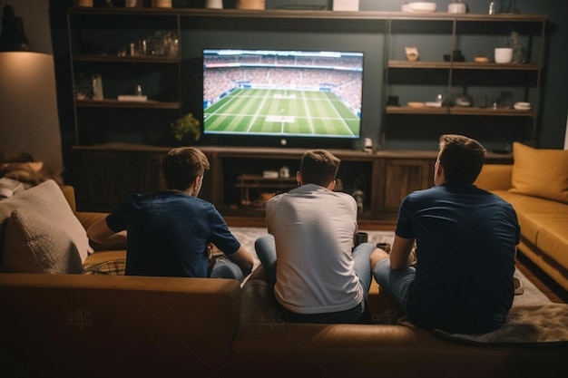 male friends sitting on couch in living room and talking with each other while watching TV