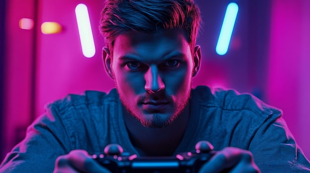 Photo a male gamer enthusiastically holding a game controller ready for an exciting multiplayer session