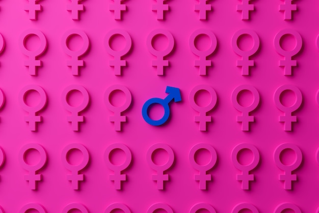 Male gender symbol surrounded by female gender symbols on a pink background.