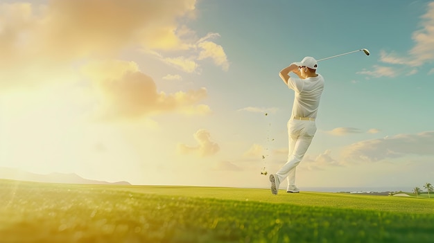 Male Golfer Executing Swing on Vibrant Green Golf Course at Scenic Sunset