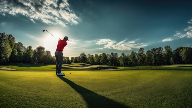 A male golfer playing golf on the course at sunset Generative Ai