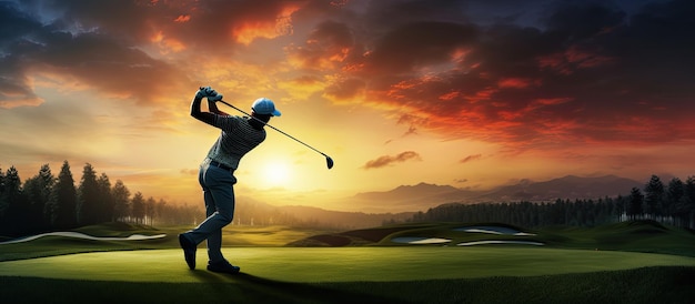 Male golfer swinging club sunset in background empty copyspace