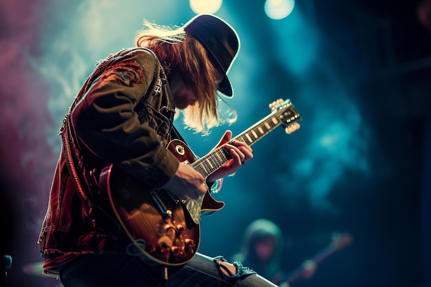 male guitarist playing electric guitar in the concert bokeh style background