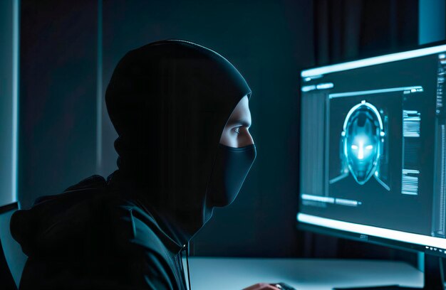 A male hacker in black clothes wearing a black mask looking at a computer monitor