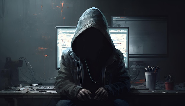 male hacker with gloves and laptop.