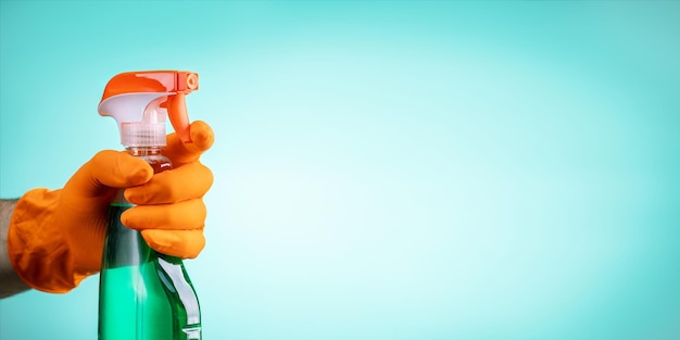 Male hand in glove click on spray bottle with cleaner liquid on green background with place for text cleaning concept