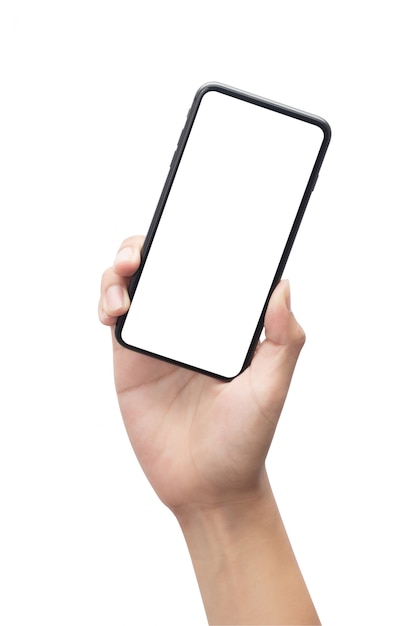 Male hand holding the black smartphone with blank screen isolated on white background with clipping path.