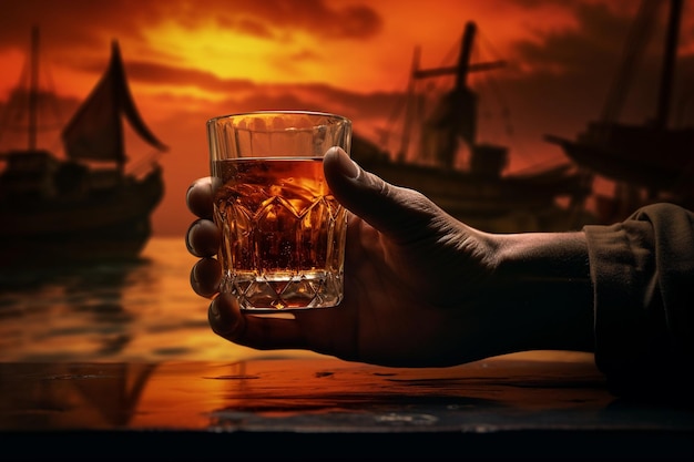 Male hand holding a glass of rum or whiskey with ice