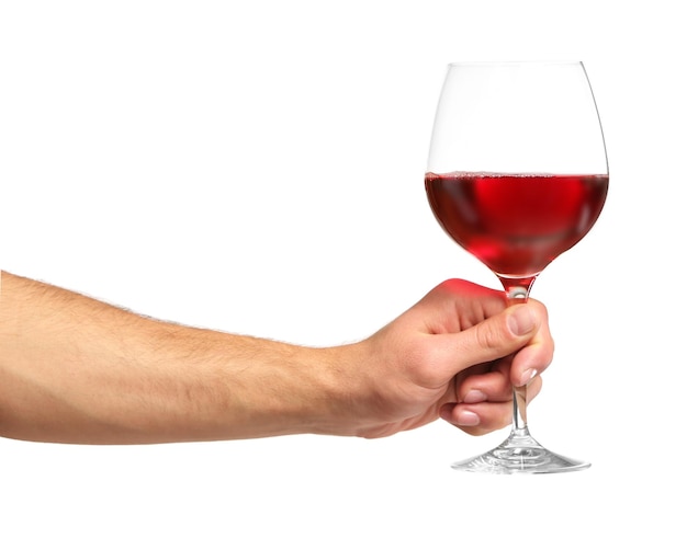 Male hand holding glass with wine on white background