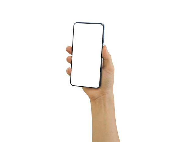 Male hand holding mobile smartphone with blank screen isolated on white background clipping path include