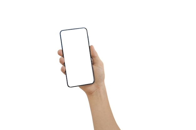 Male hand holding smart phone with white blank empty screen isolated on white background include clipping path Using for mockup browsing or social media application Technology Concept