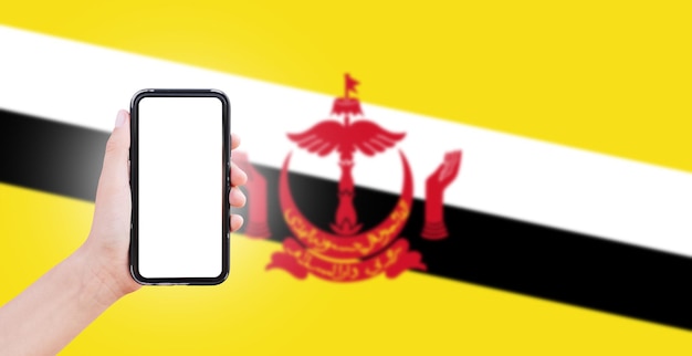 Male hand holding smartphone with blank on screen on background of blurred flag of Brunei Closeup view