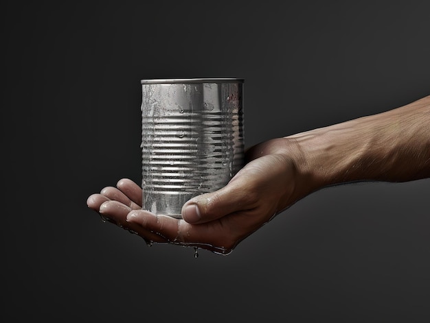 Male hand holding a tin can on a black background