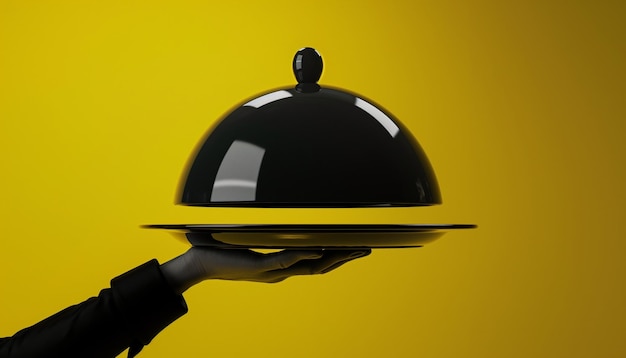 a male hand holding a tray in a center with a metal dome sculptural and bold dark black and yellow