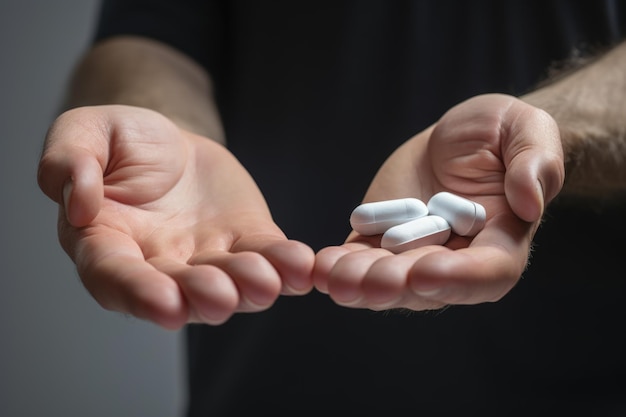 Photo male hand holding two pills in hand on grey background taking your medication close up