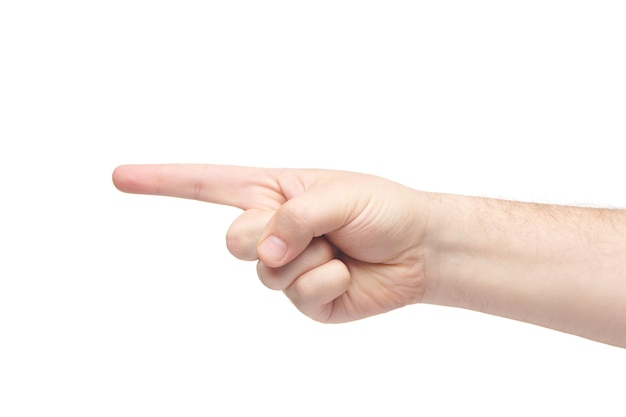 Male hand index finger isolated on white background Brutal man finger pointing on object or direction Finger gestures