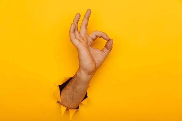 Male hand showing ok through a hole in yellow background