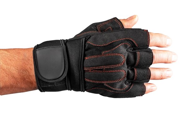 Male hand in sport workout glove protecting type isolated on white background