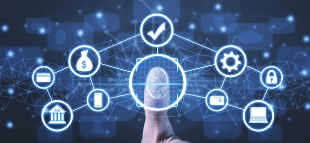 Male hand touching to scan fingerprint. Internet banking.