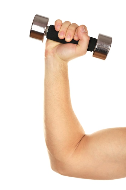 Male hand with dumbbell isolated on white