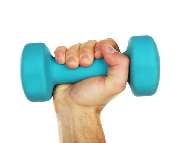 Male hand with dumbbell isolated on white