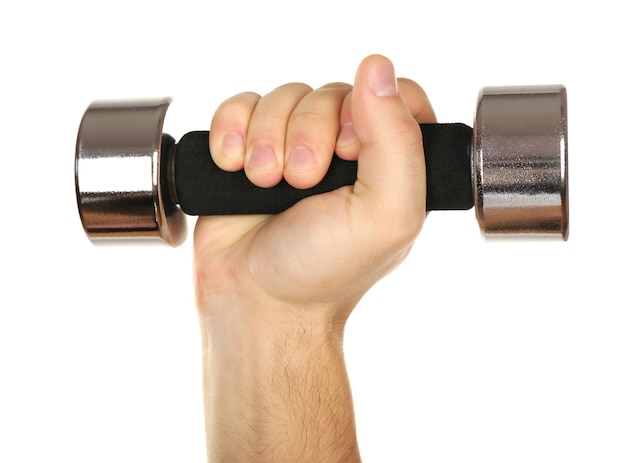 Male hand with dumbbell isolated on white