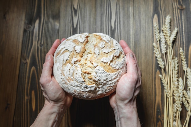 Male hands holding fresh baked bread loaf over wood background