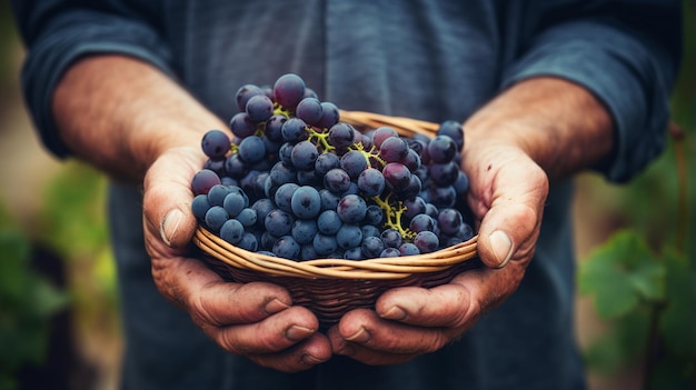 male hands holding red grapes