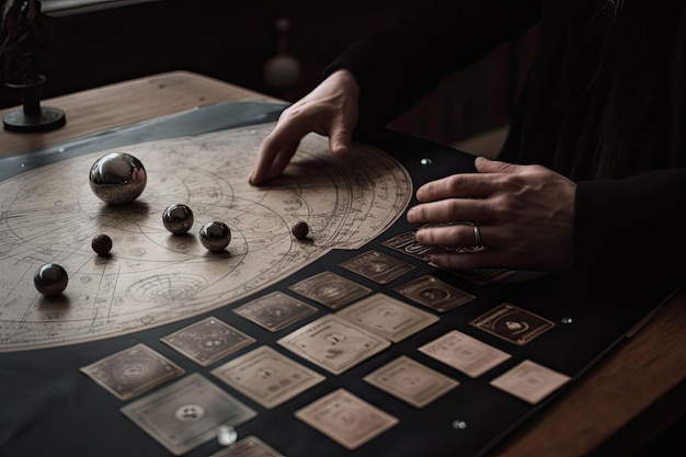 Male hands holding tarot cards Astrologer calculates natal chart and makes a forecast Generative AI