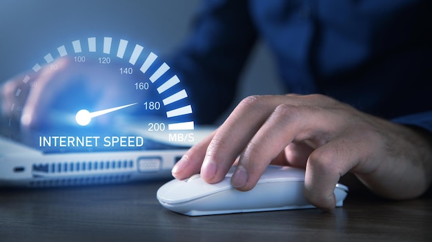 Male hands typing in keyboard Speedometer Internet speed