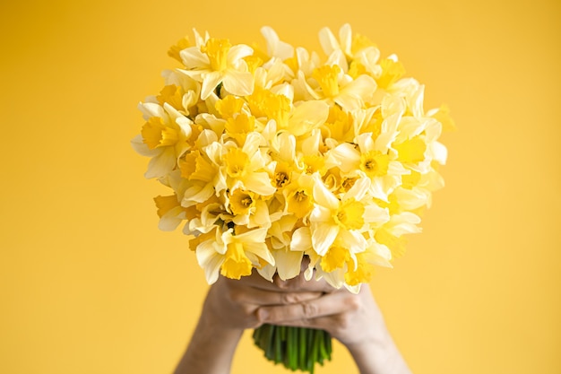 Male hands on yellow wall with a bouquet of yellow daffodils.