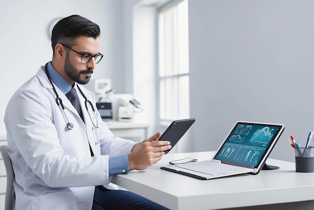 Photo male healthcare worker using digital tablet while leaning on desk in clinic