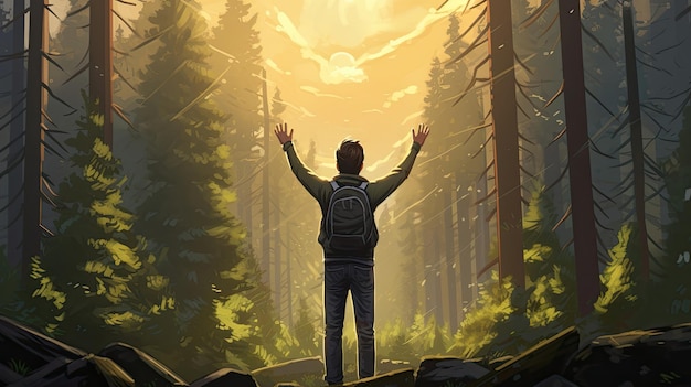 Male hiker full body view from behind standing in a coniferous forest with raised arms hands clenched into fist