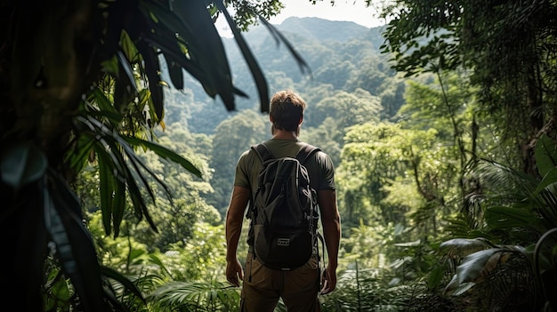 Male hiker full body view from behind standing in the jungle