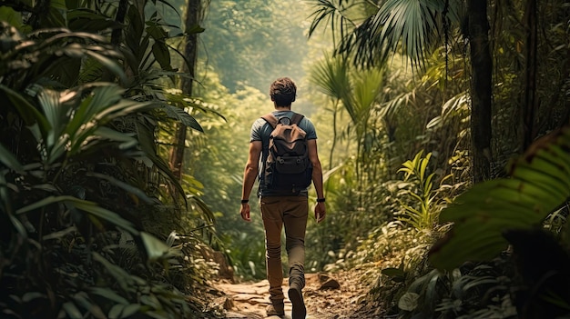 Male hiker full body view from behind walking in the jungle