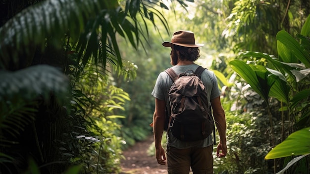 Male hiker full body view from behind walking in the jungle