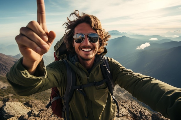 Photo male hiker taking selfie on the mountain