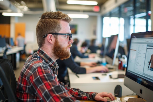 Photo a male hip 35 year old american web developer at work in a modern office space