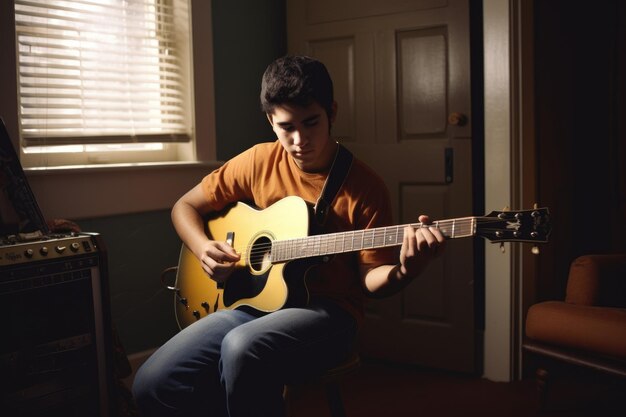 Male Hispanic young adult playing guitar in music room activity music band Generative AI AIG23