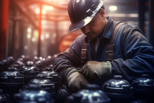 Male industrial worker with helmet fixing valve of water pipe with Generative AI