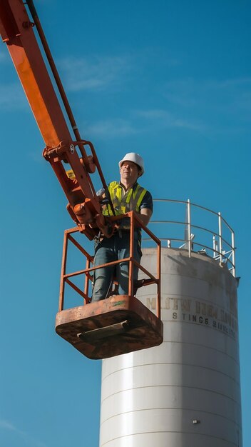 Photo male industry working at high in a boom liftinspection tank silo