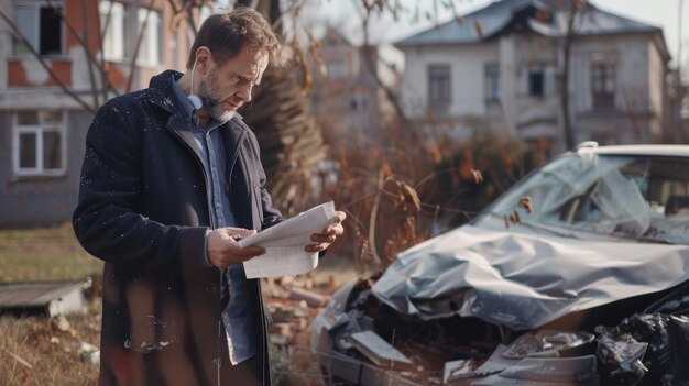 Photo male insurance agent inspects damaged car after accident